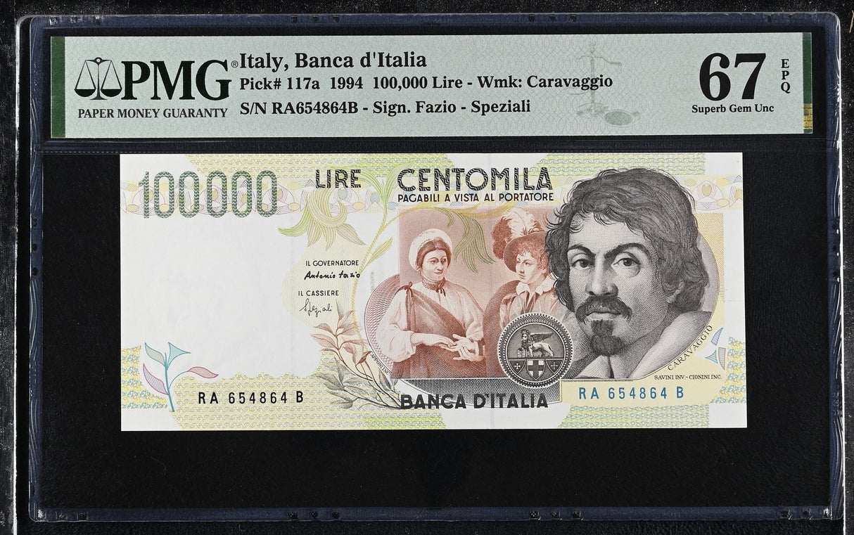 Italy 100000 Lire 1994 P 117 a Fazio & Speziali Superb Gem UNC PMG 67 EPQ
