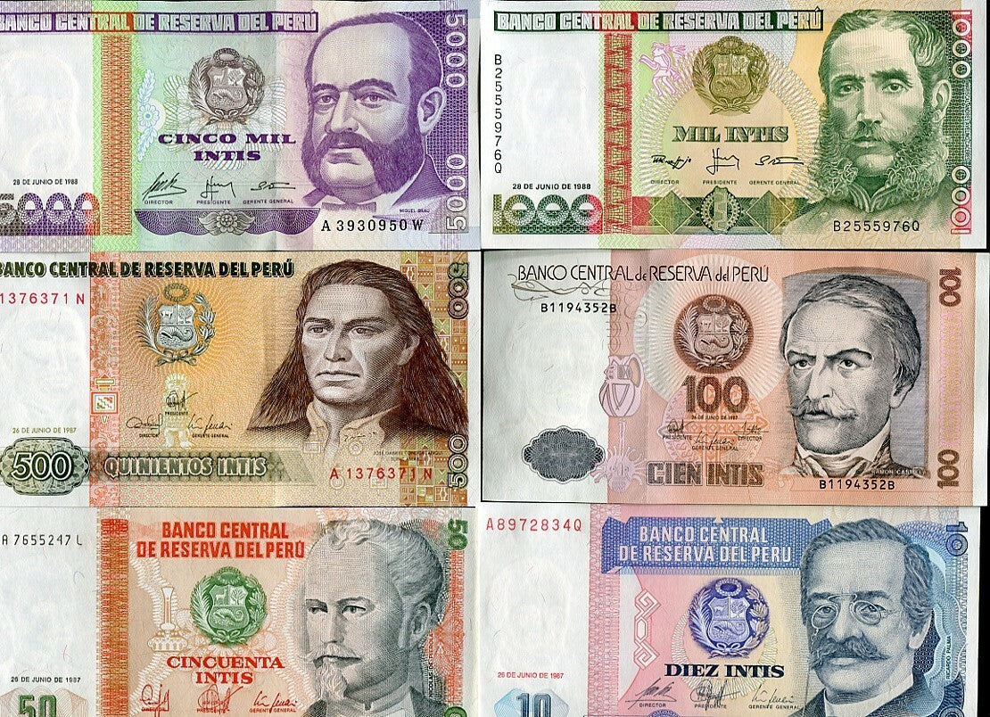 Peru Set 6 UNC 10 50 100 500 1000 5000 INTIS P 129 131 133 134 136 137