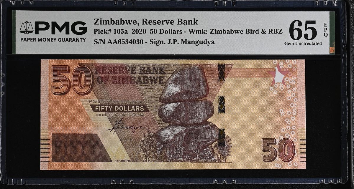 Zimbabwe 50 Dollars 2020 P 105 a Gem UNC PMG 65 EPQ , Grade Note