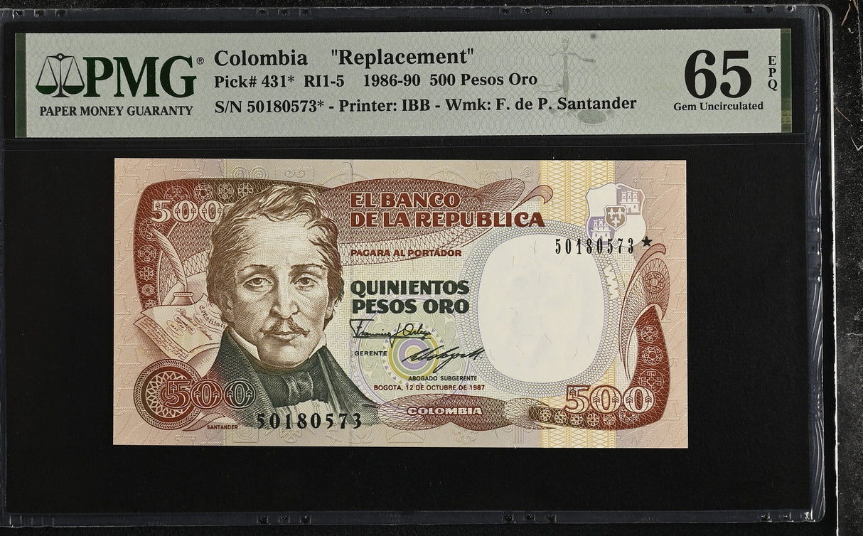 COLOMBIA 500 PESO 1986-1990 P 431* Replacement Gem UNC PMG 65 EPQ