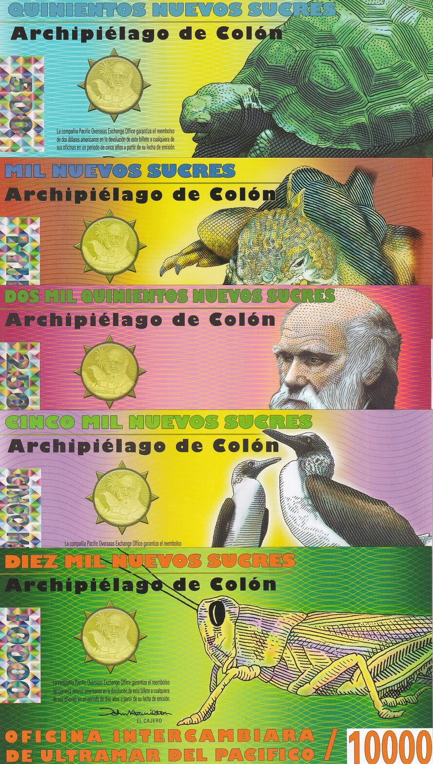 Galapagos Islands Set 5 Wildlife Banknotes 500 - 10000 SUCRE 2009 - 2012 FANTASY