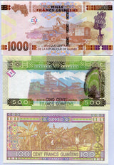GUINEA SET 3 PCS 100 500 1000 FRANCS Random Years P A47 47 48 UNC