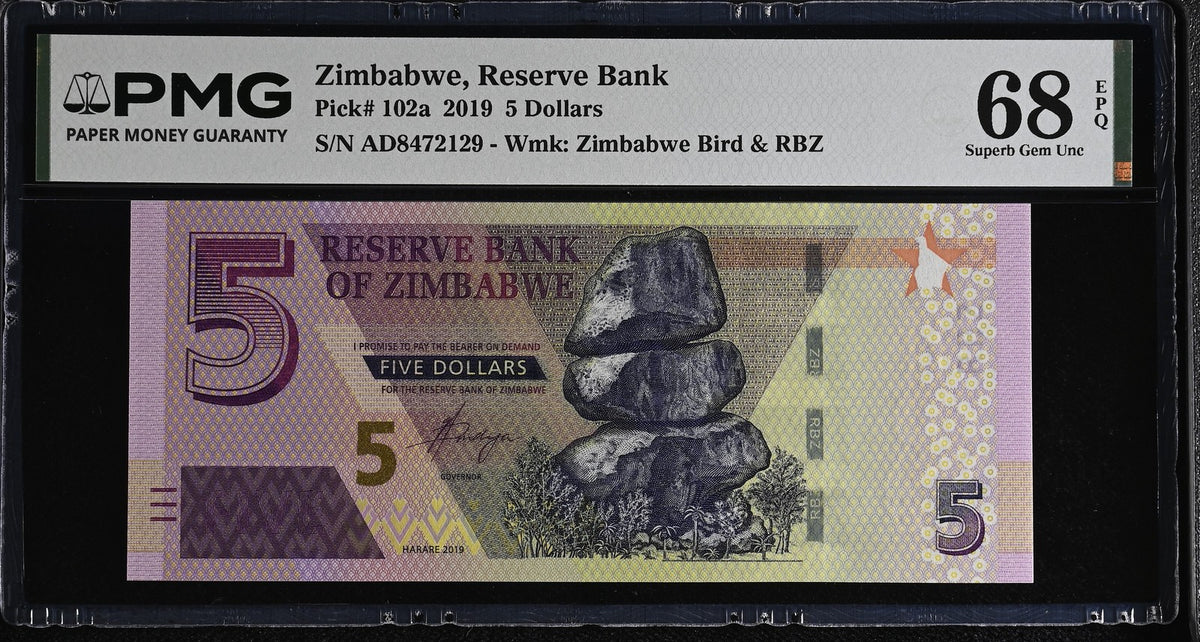 Zimbabwe 5 Dollars 2019 P 102 a Superb Gem UNC PMG 68 EPQ