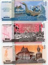 Cambodia Set 3 Pcs 100 500 1000 Riels 2013-2015 P 63 65 66 UNC