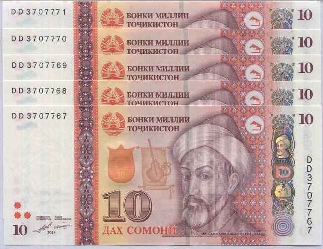 Tajikistan 10 Somoni 2018 P 24 UNC Lot 5 Pcs ,Mausoleum of Mir Said Ali Hamadoni