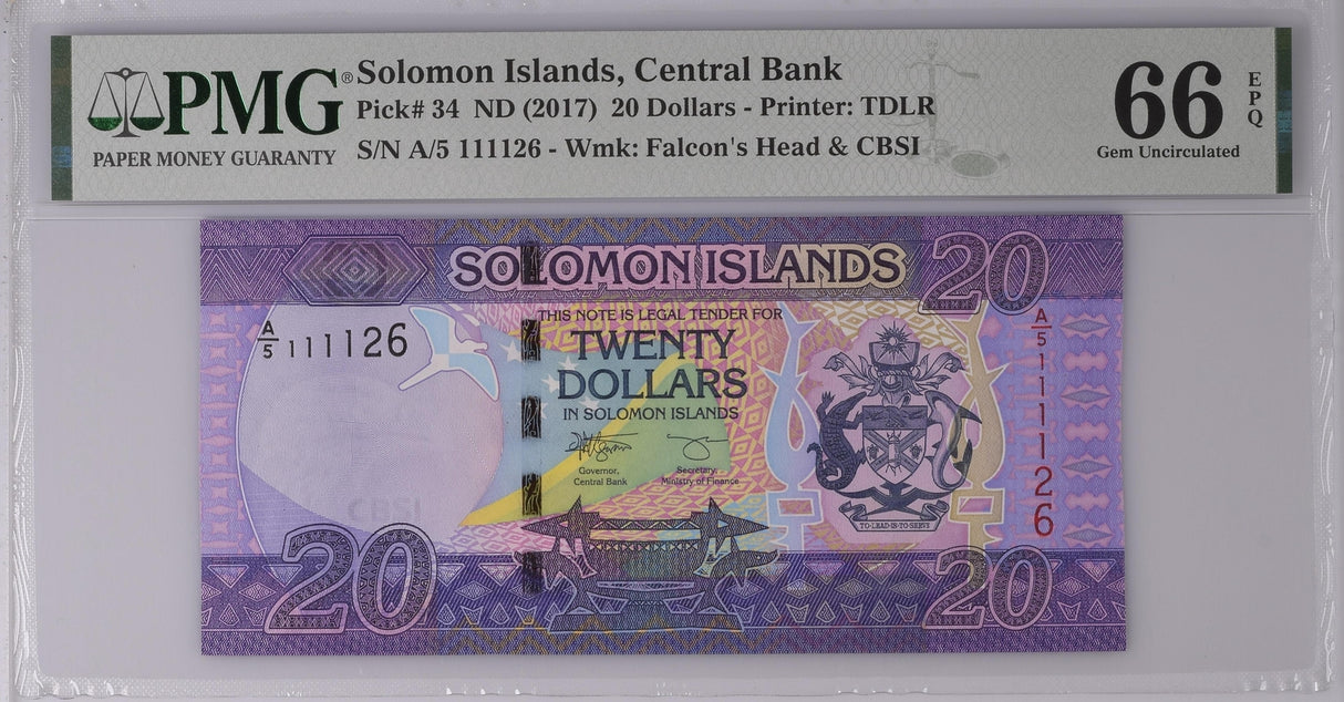 Solomon Islands 20 Dollars Nd 2017 P 34 Gem UNC PMG 66 EPQ