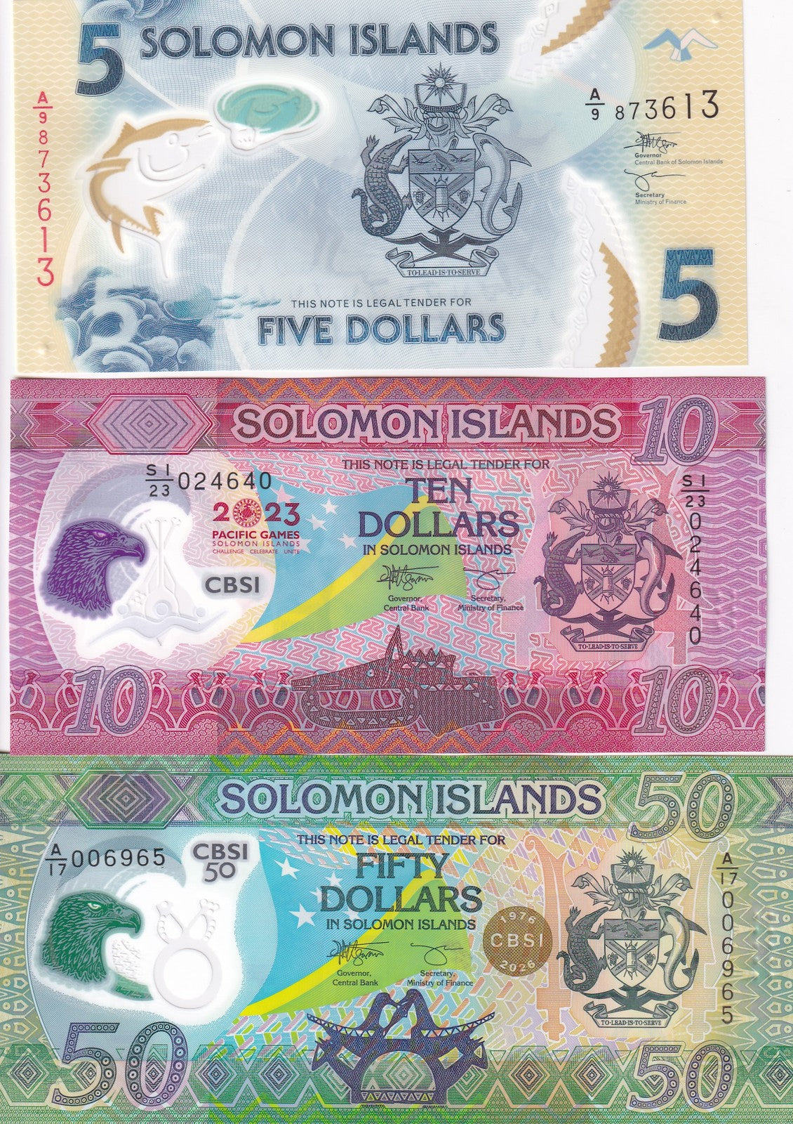 Solomon Islands Set 3 UNC 5 10 50 Dollars 2019 2023 2026 Polymer P 38 39 P New