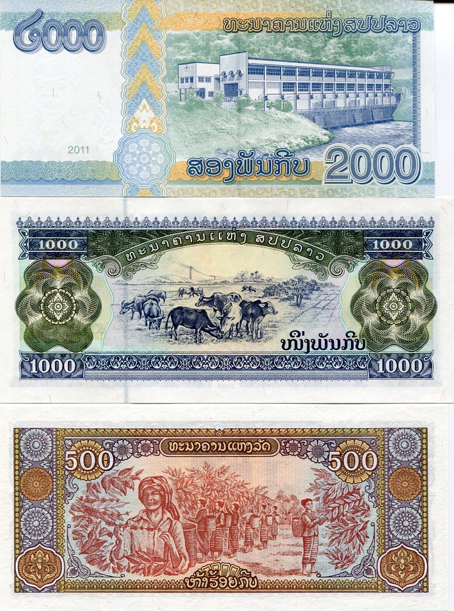 Laos Set 3 UNC 500 1000 2000 KIP Random Date P 31 32 41