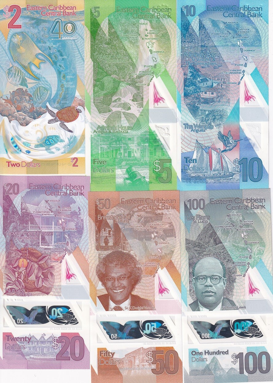 East Caribbean Set 6 UNC 2 5 10 20 50 100 D. 2019-2024 P 55A 56 57 -61 Polymer