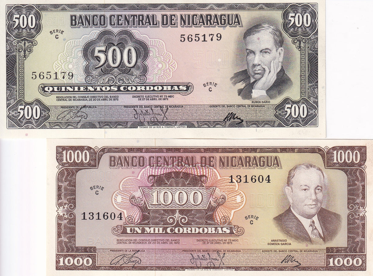 Nicaragua Set 2 UNC 500 1000 Cordobas 1972 P 127 P 128