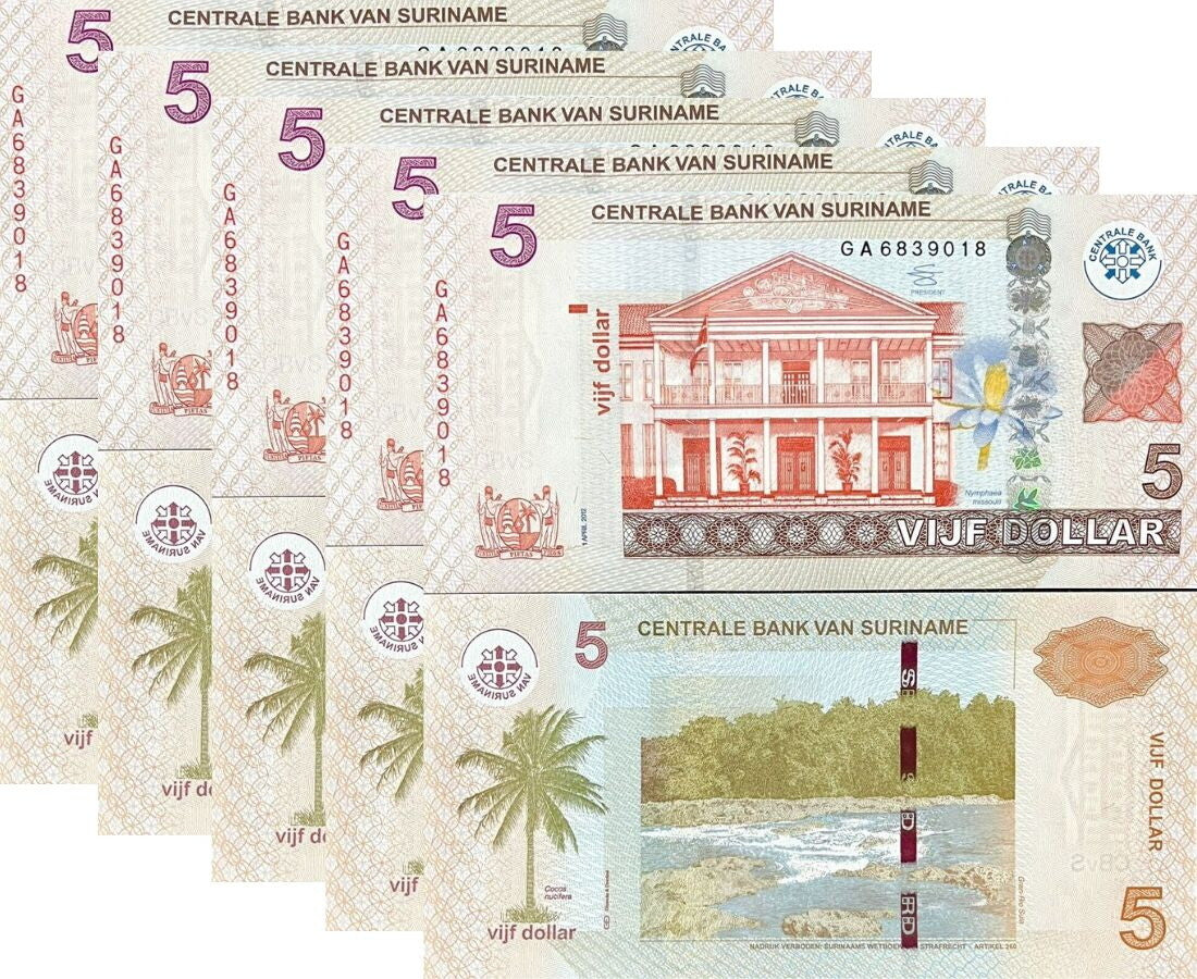 Suriname 5 Dollars 2012 P 162 b UNC LOT 5 PCS