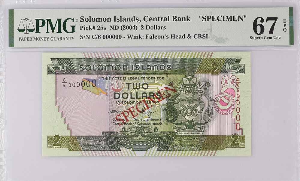 Solomon Islands 2 Dollars ND 2004 P 25 s Specimen Superb Gem UNC PMG 67 EPQ
