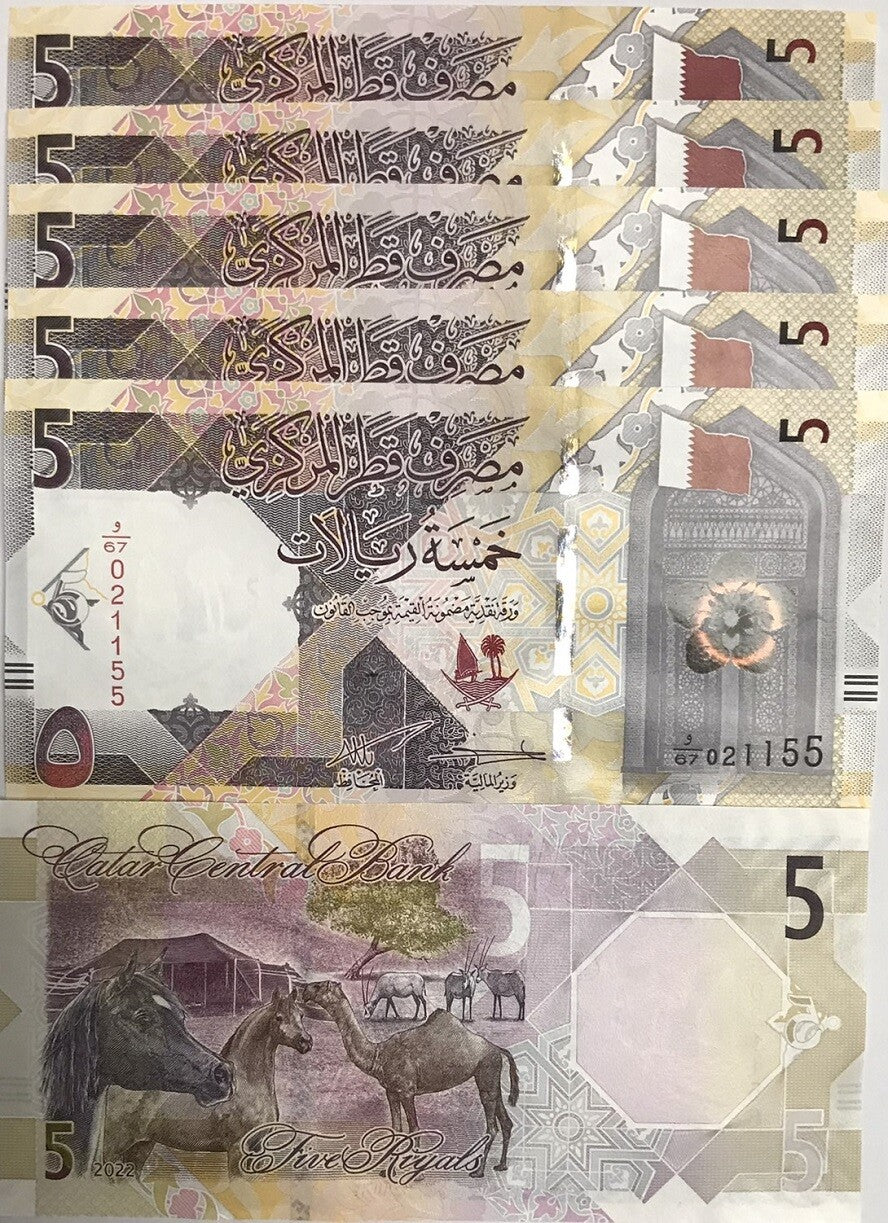 Qatar 5 Riyals 2022 P 33 b UNC LOT 5 PCS Horses, camel, gazelles Panther orchid