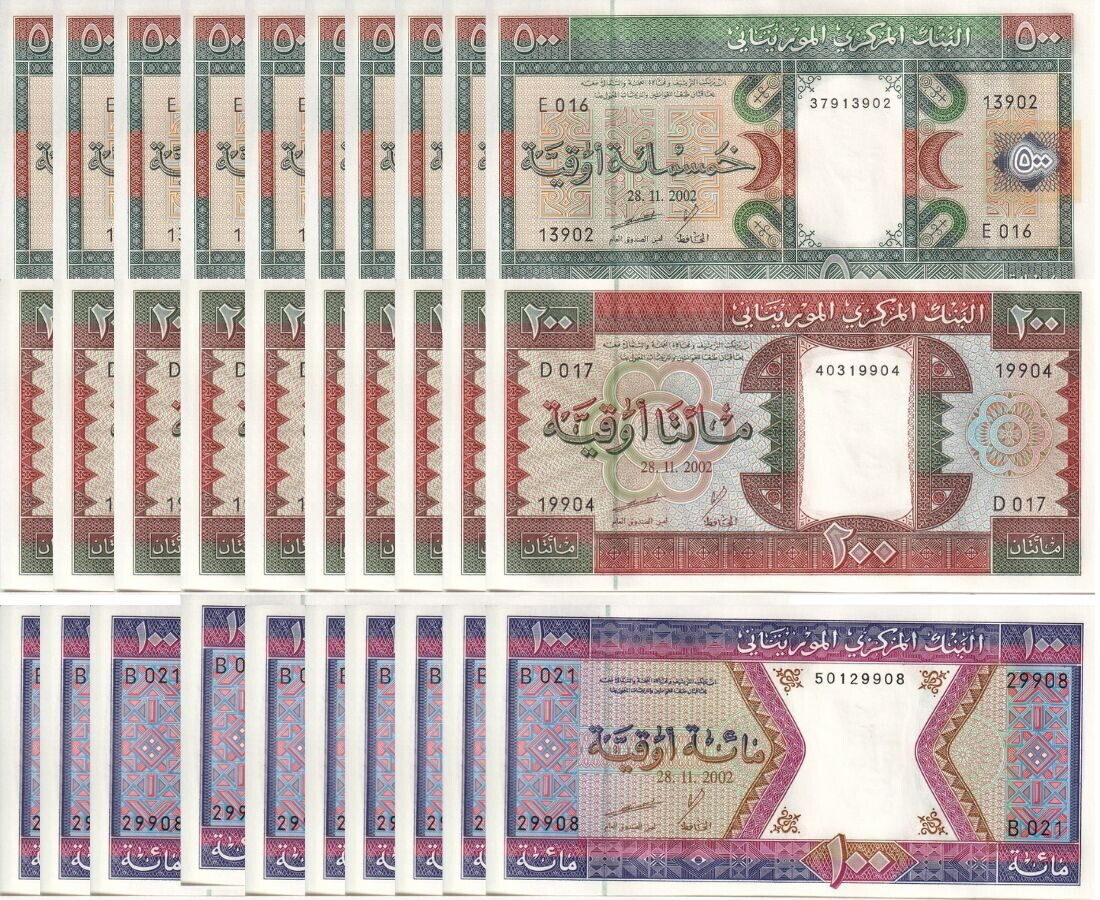 Mauritania SET 3 X 10 =30 UNC 100 200 500 Ouguiya 2002 P 4 P 5 P 8