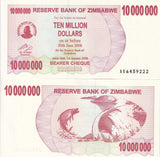 Zimbabwe 10 Million Dollars 2008 P 55 UNC