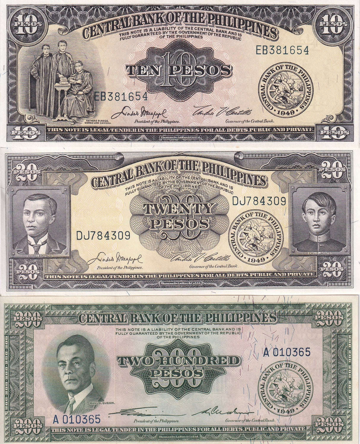 Philippines Set 3 UNC 10 20 200 Pesos ND 1949 P 136 137 140