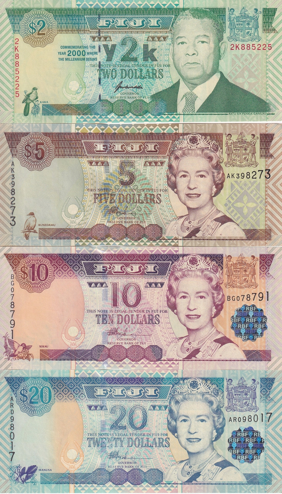 Fiji Set 4 PCS 2 5 10 20  Dollars Random Year P 102 P 105 P 106 P 107 UNC