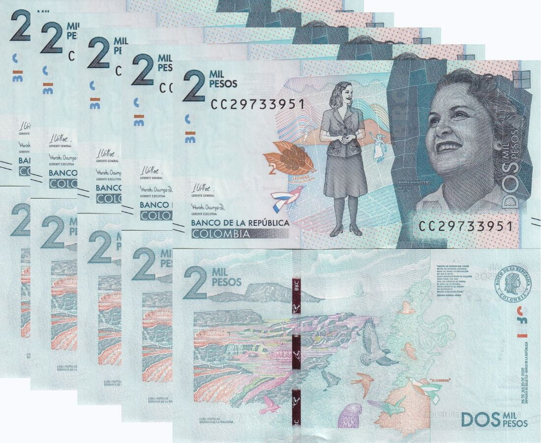 Colombia 2000 Pesos 2022 P 458 g UNC LOT 5 PCS ,Cano Cristales river ,El Carden