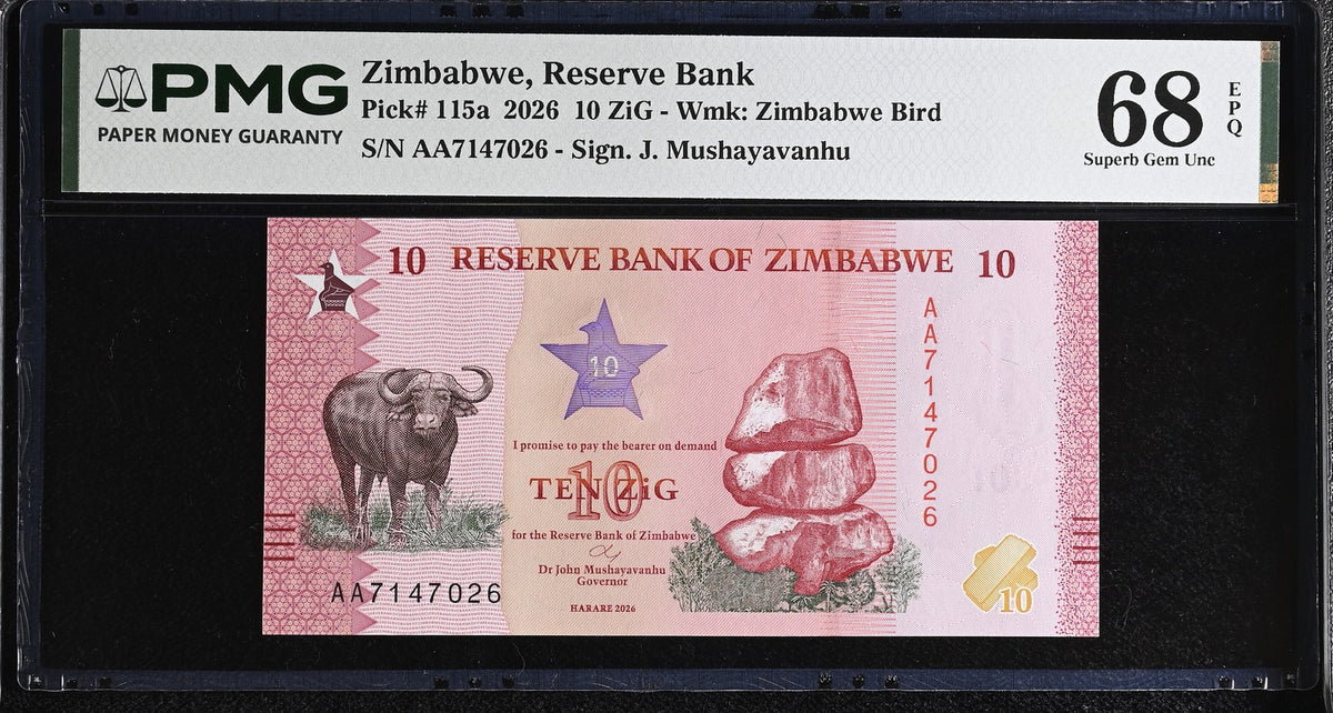 Zimbabwe 10 Zig 2026 P 115 a Superb Gem UNC PMG 68 EPQ TOP POP