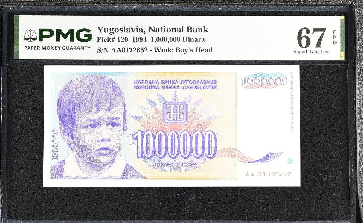 Yugoslavia 1000000 Dinara 1 Million 1993 P 120 Superb Gem UNC PMG 67 EPQ