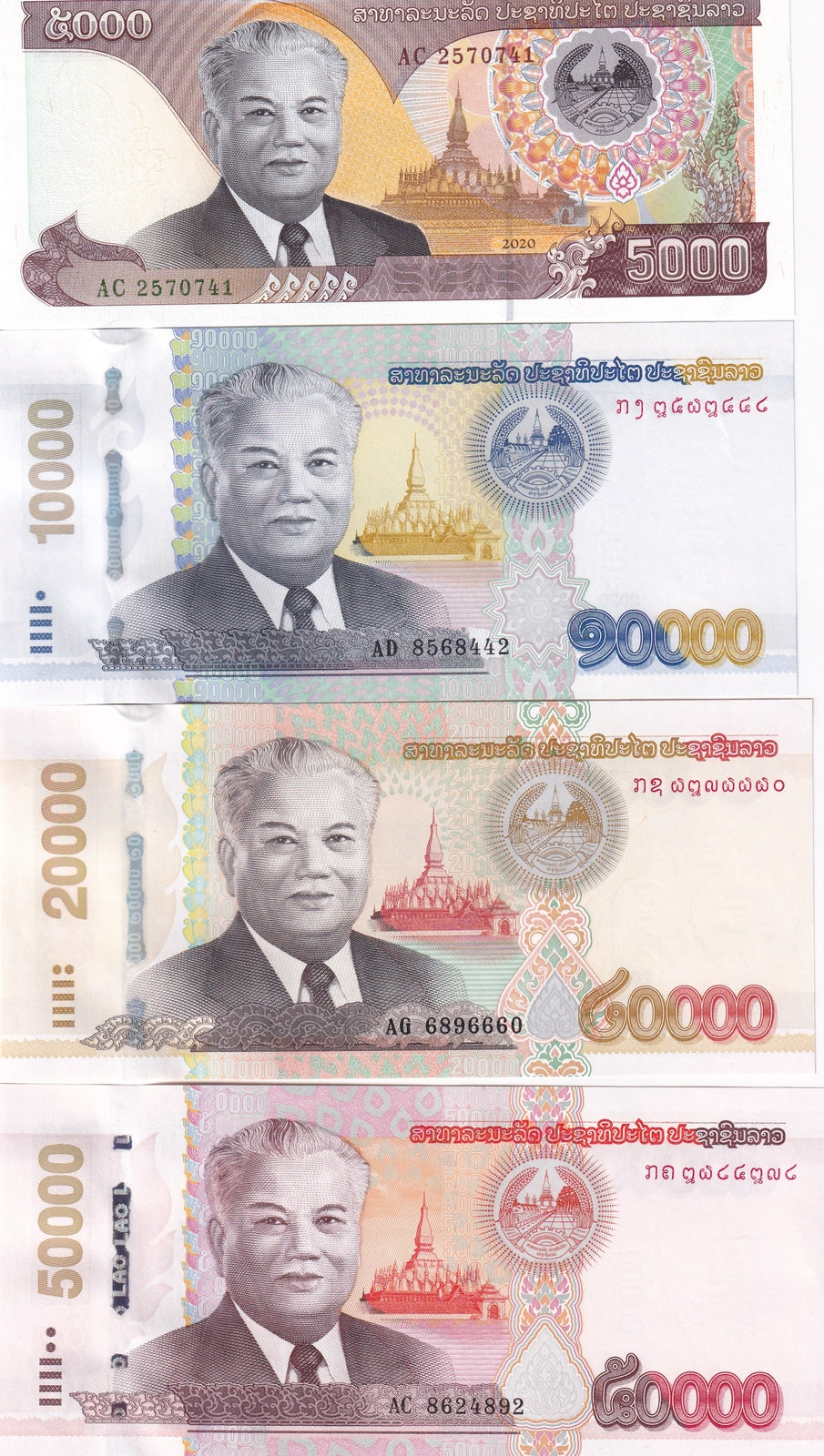 Laos Set 4 Pcs 5000 10000 20000 50000 Kip 2020/ 2022 P 41Aa-41Da UNC