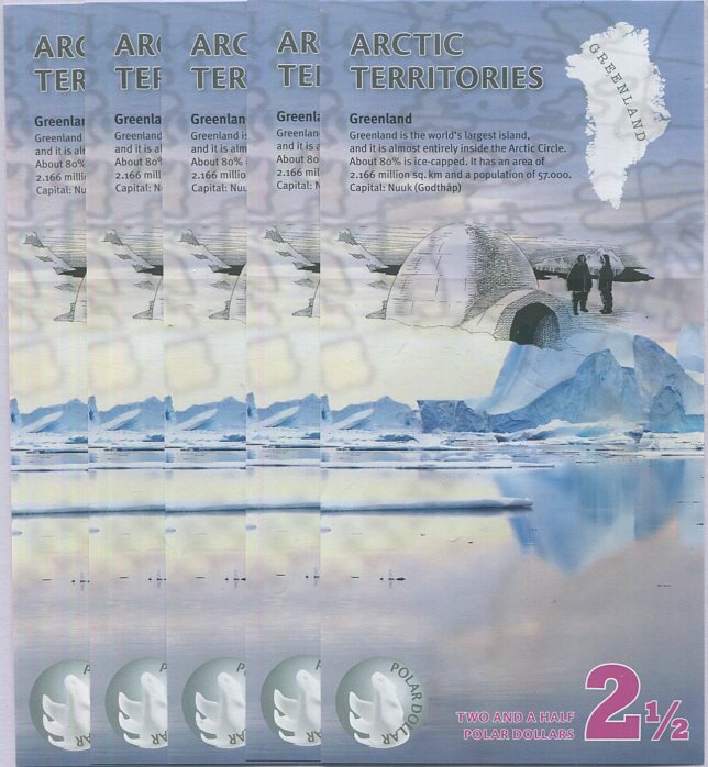 Arctic Territories 2.5 Dollars 2013 Polymer UNC LOT 5 PCS , Polar BEARS