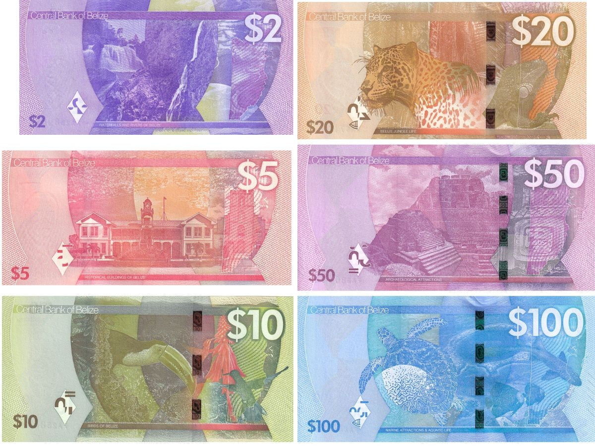 Belize set 6 UNC 2 5 10 20 50 100 Dollars 2025 P 73 74 75 76 77 78 NEW Design