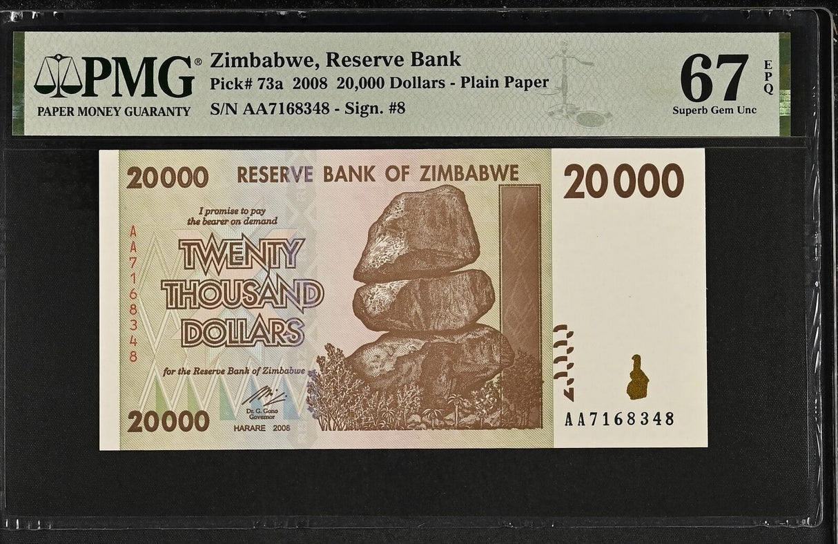 Zimbabwe 20000 Dollars 2008 P 73 a Prefix AA Superb Gem UNC PMG 67 EPQ