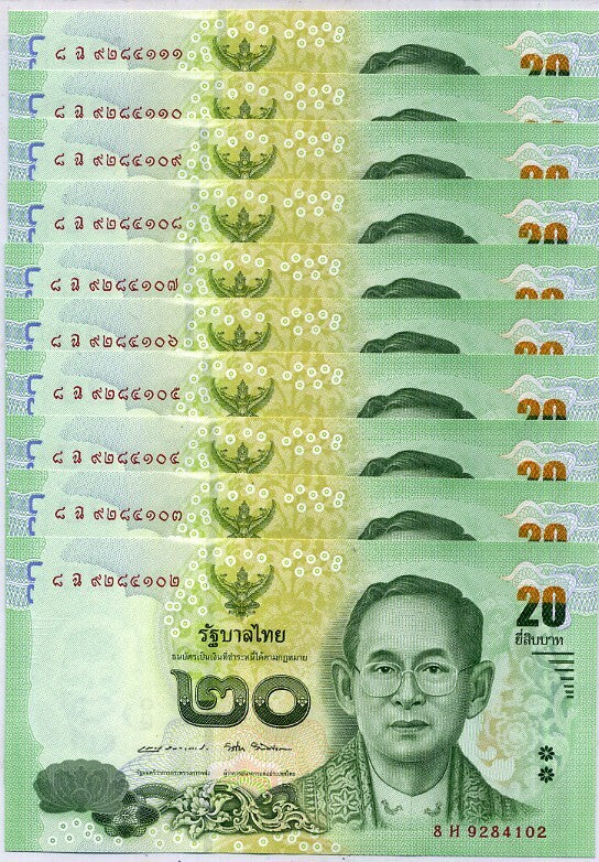 Thailand 20 Baht ND 2013 - 2016 P 118 Random Signature UNC LOT 10 PCS