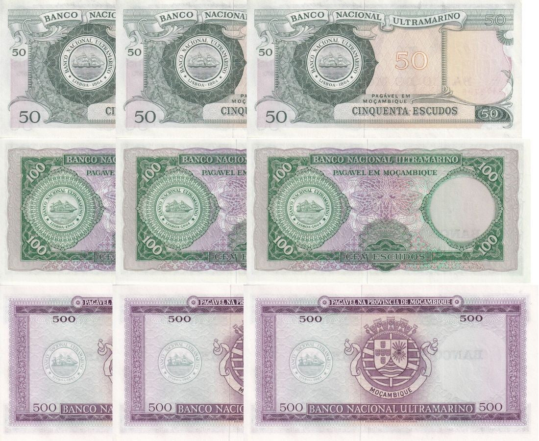 Mozambique Set 3 X LOT 3=15 AU-UNC 50 100 500 Escudos 1976 P 116 117 118