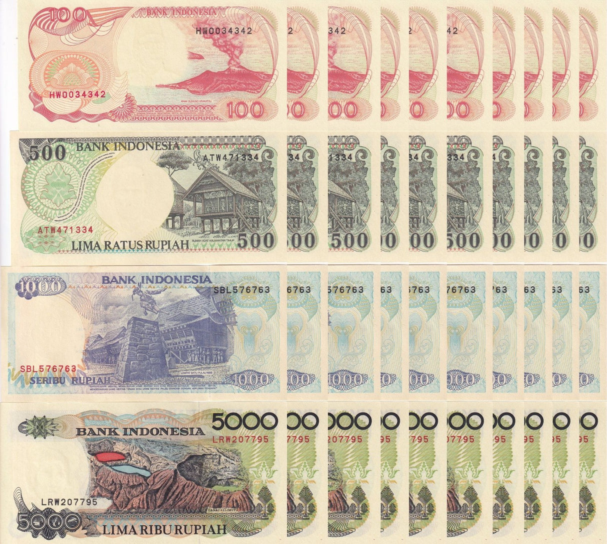 Indonesia Set 4 x Lot 10 =40 UNC 100 500 1000 5000 Rupiah Ramdom Year P 127- 130