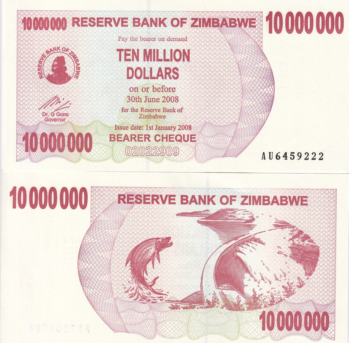 Zimbabwe 10 Million Dollars 2008 P 55 Tigerfish, Kariba dam UNC