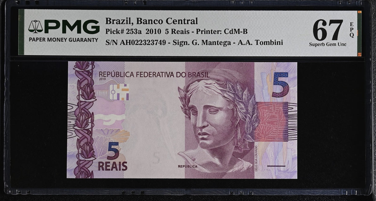 Brazil 5 Reais 2010 P 253 a Superb Gem UNC PMG 67 EPQ , Graded note