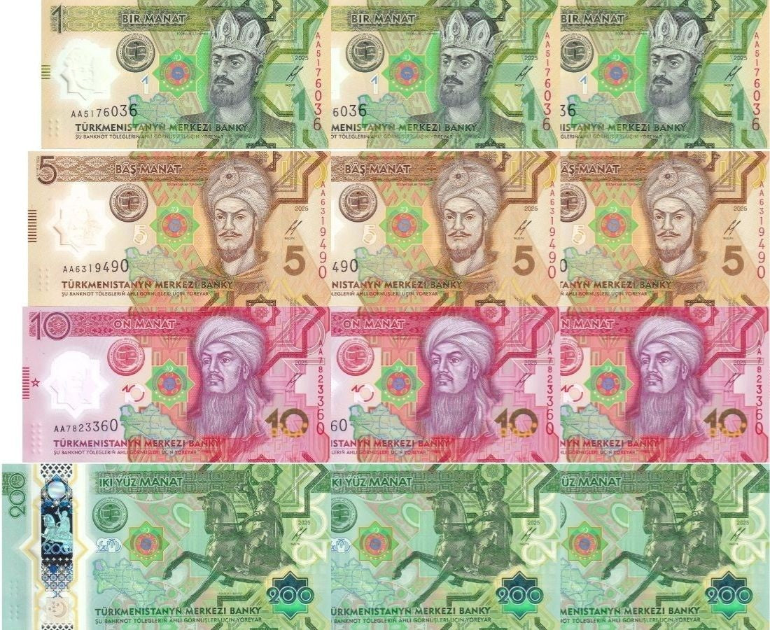 Turkmenistan Set 4 X LOT 3=12 UNC 1 5 10 200 Manat 2025 / 2026 POLYMER P 49-54