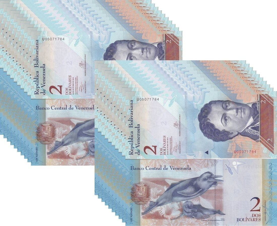 Venezuela 2 Bolivares 2013 P 88 UNC, Lot 100 Pcs 1 Bundle ,dolphins