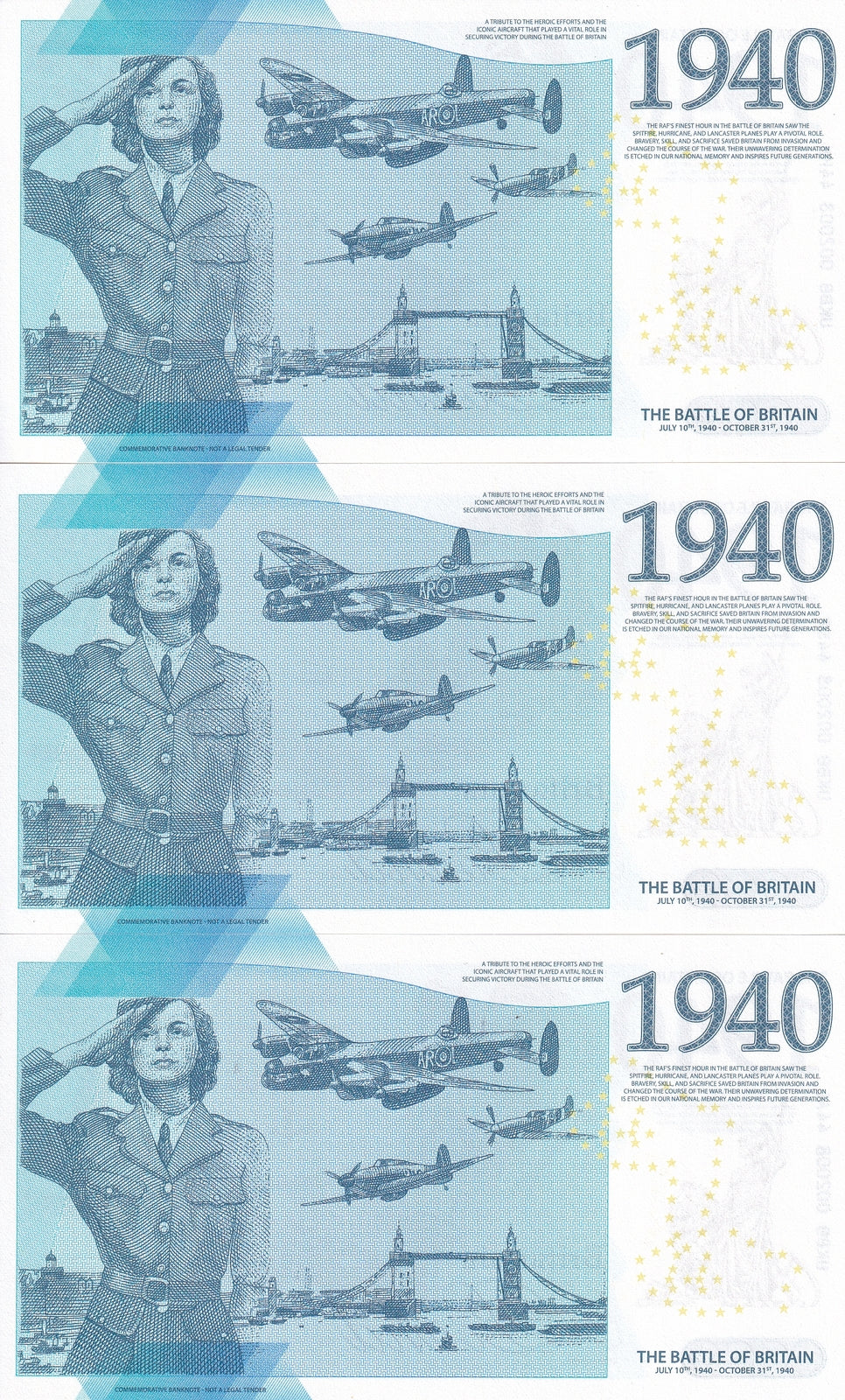 Set 3 The Battle of Britain 1940 Commemorative 2023 Britannia Pound Test Note