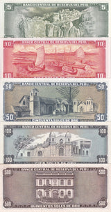 Peru Set 5 UNC 5 10 50 100 500 Soles De Oro Random Year P 99 100 102 110 113
