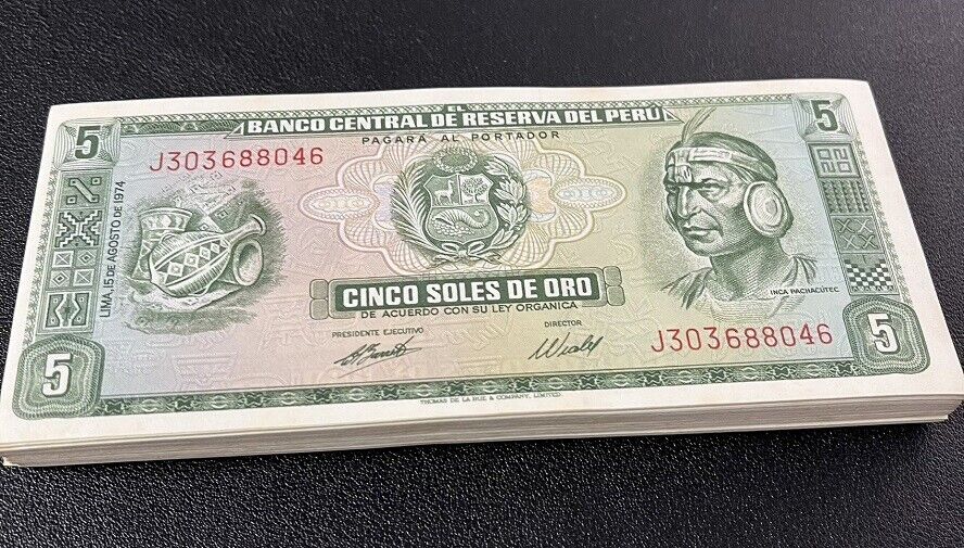 Peru 5 Soles 1974 P 99 Little Yellow Tone AUnc LOT 100 PCS