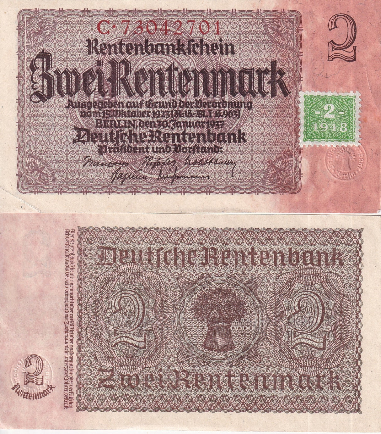 Germany Democratic 2 Deutsche Mark 1948 P 2 Stamp on P 174 AUnc