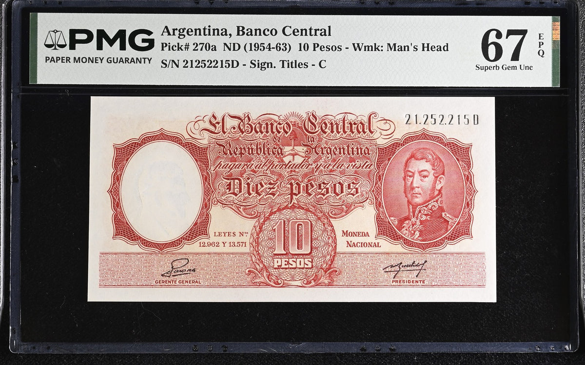 Argentina 10 Pesos ND 1954-1963 P 270 a Superb Gem UNC PMG 67 EPQ