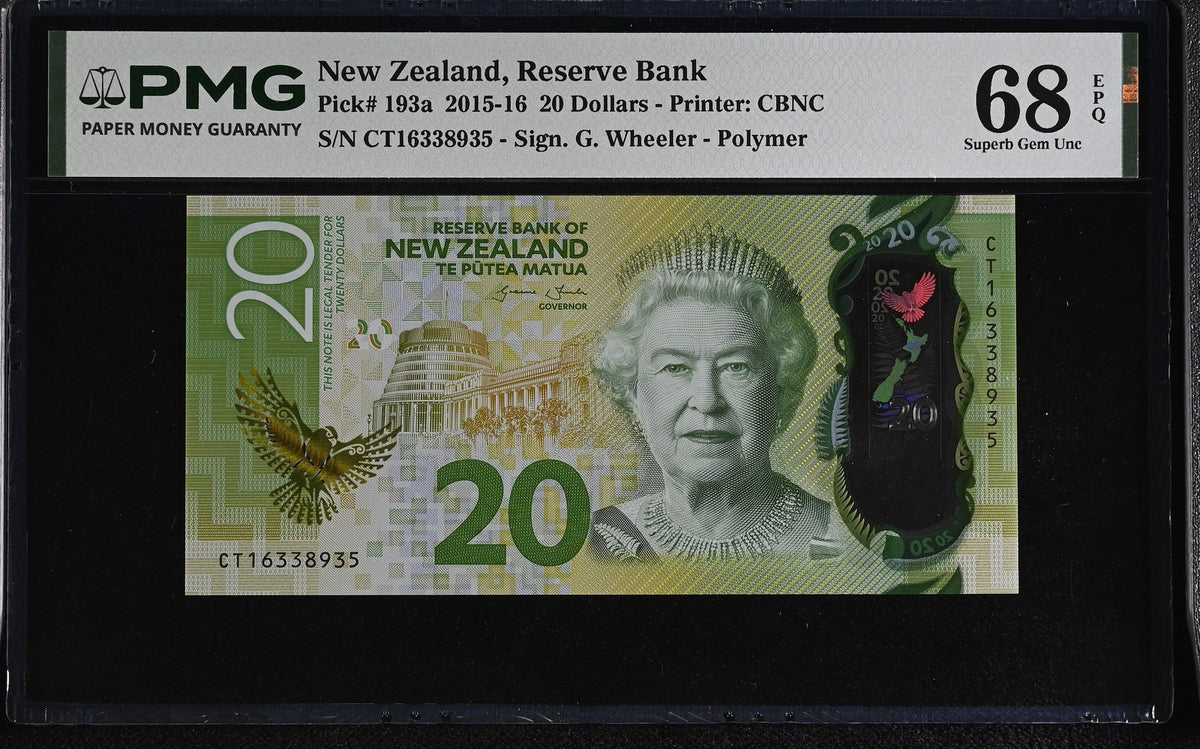 New Zealand 20 Dollars 2016 P 193 a Superb GEM PMG 68 EPQ , Polymer