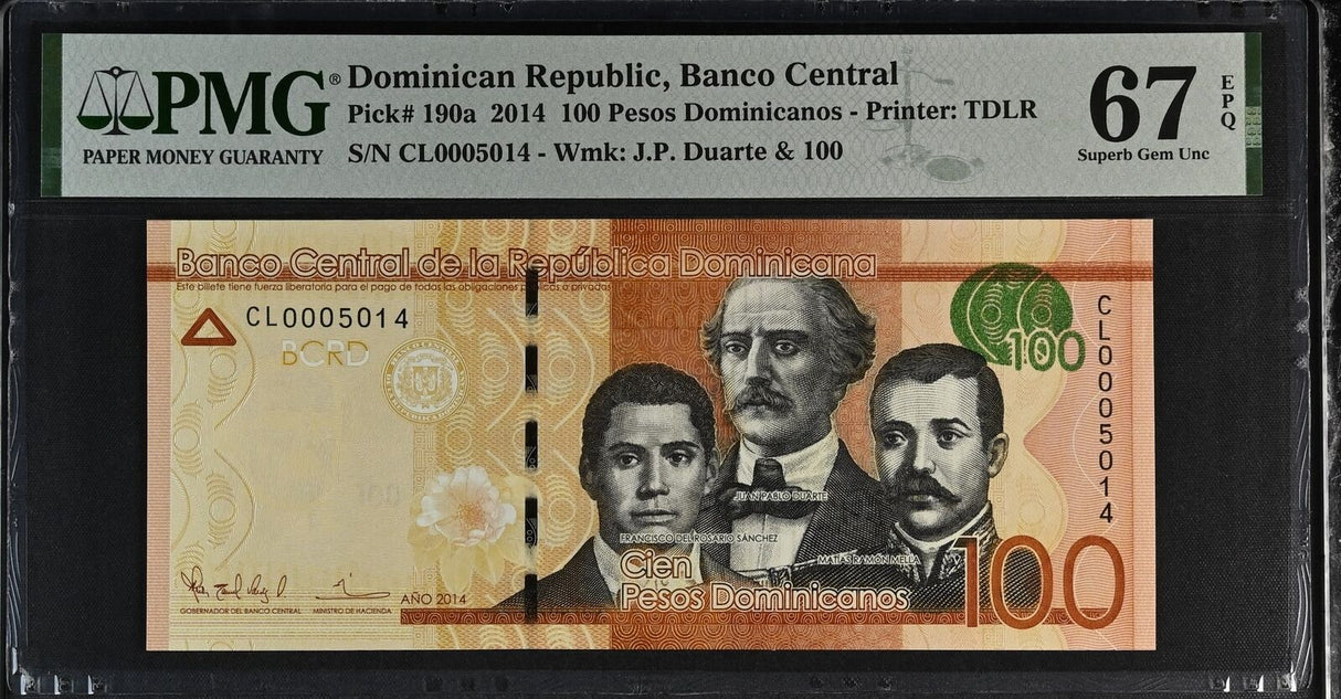 Dominican Republic 100 Pesos 2014 P 190 a Superb Gem UNC PMG 67 EPQ