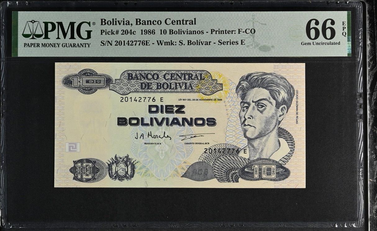 Bolivia 10 Bolivianos 1986 P 204 c Gem UNC PMG 66 EPQ