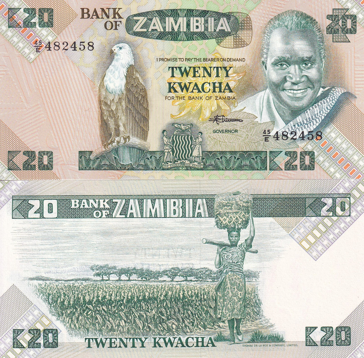 Zambia 20 Kwacha ND 1980 - 1988 P 27 e UNC Fish eagle, President Kenneth Kaunda