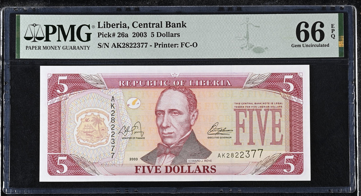 Liberia 5 Dollars 2003 P 26 a Gem UNC PMG 66 EPQ