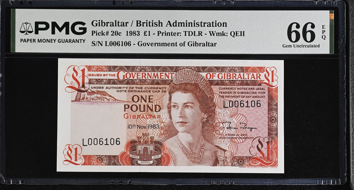 Gibraltar 1 Pound 1983 P 20 c Gem UNC PMG 66 EPQ QEII, Thomas de la Rue