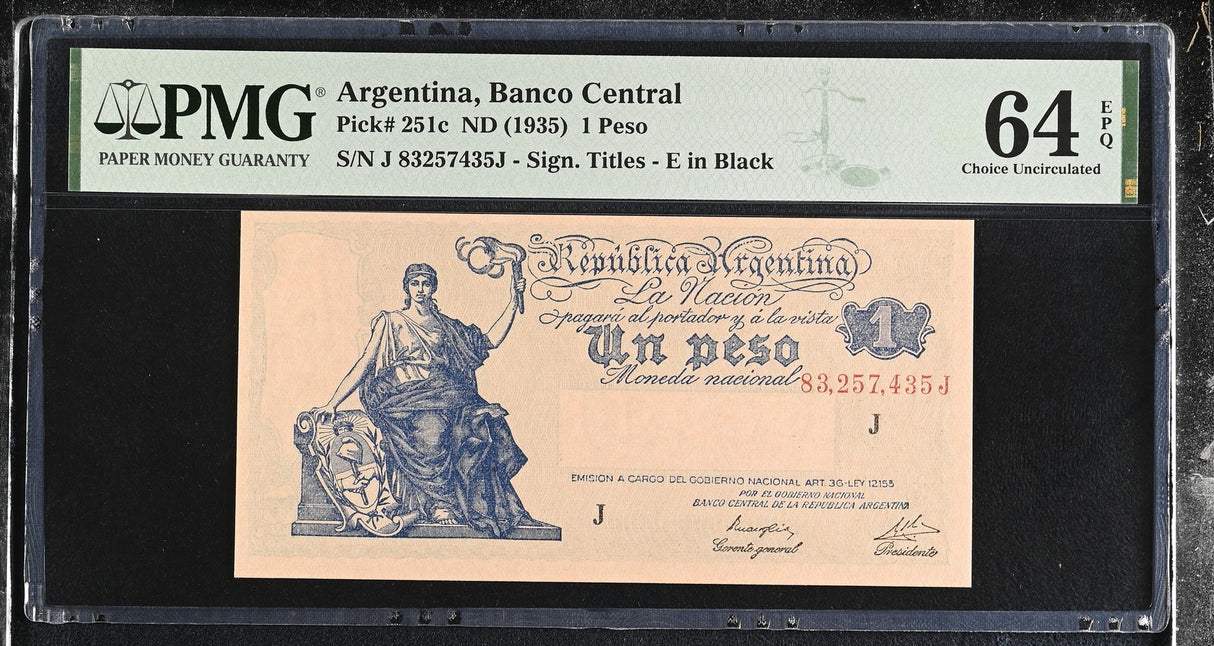 Argentina 1 Peso ND 1935 P 251 c Choice UNC PMG 64 EPQ