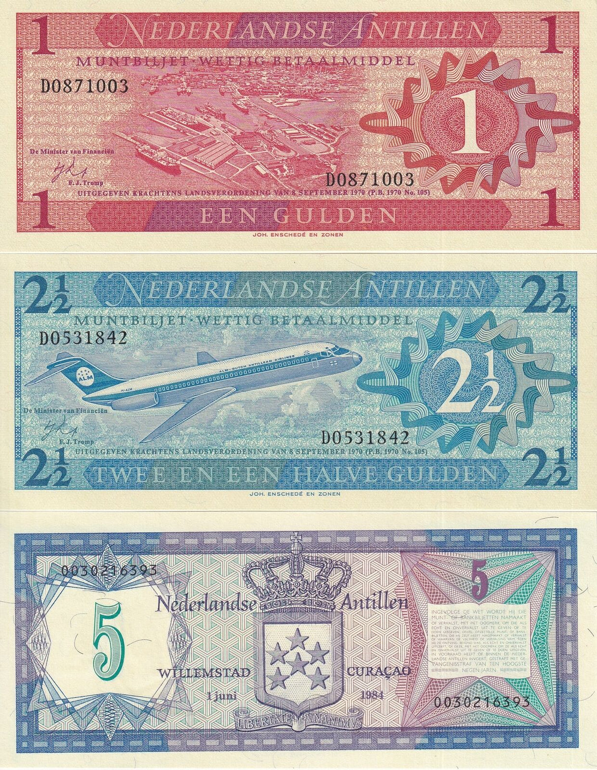 Netherlands Antilles Set 3 PCS 1 2 1/2 5 Gulden 1970 P 15 P 20 P 21 UNC