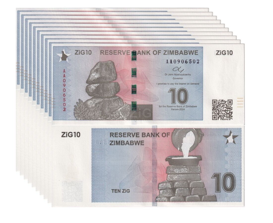 Zimbabwe 10 ZiG 2024 P 110 Gold Reserve Backed UNC w/QR Lot 10 UNC 1/10 BUNDLE