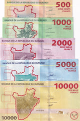 Burundi Set 5 UNC 500 1000 2000 5000 10000 Francs 2018-2021 P 50 51 52 53 54